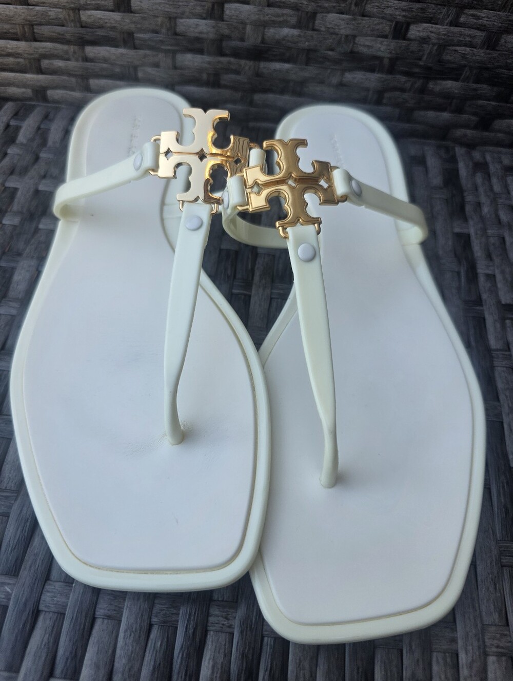 Tory Burch Mini Miller Jelly Sandals Ivory Gold Color Logo Women's Size 9